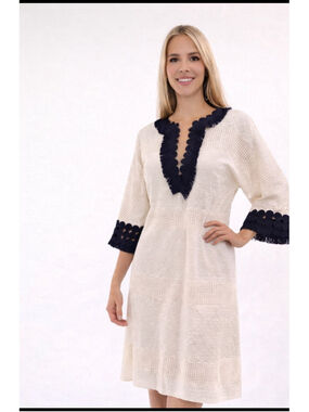 NWOT Belle Badgley Mischka Resort Wear Coastal White Tunic Dress Size 10 Boho Ch